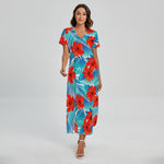 Blue Tropical Hibiscus Pattern Print Short Sleeve Maxi Dress
