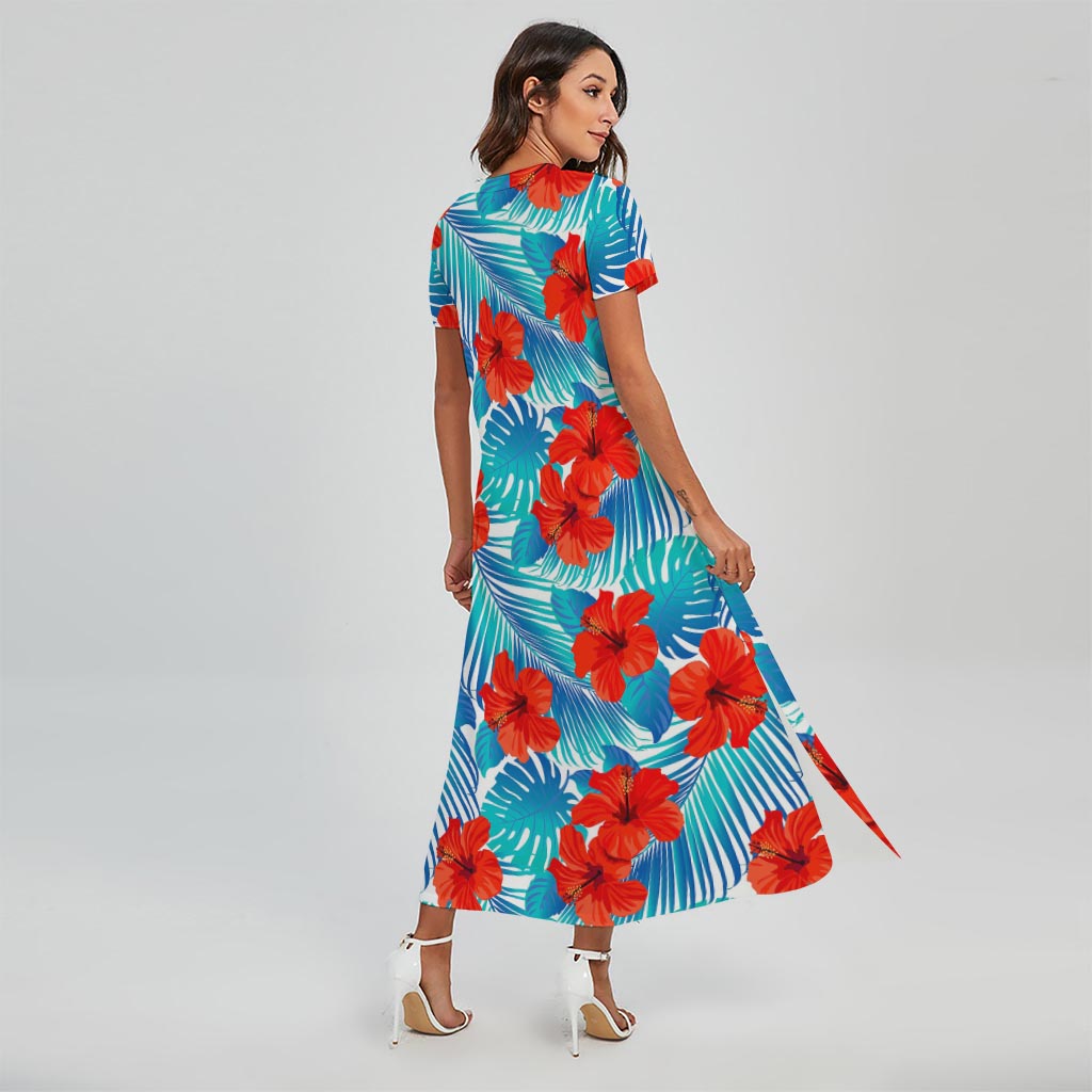 Blue Tropical Hibiscus Pattern Print Short Sleeve Maxi Dress