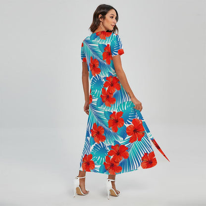 Blue Tropical Hibiscus Pattern Print Short Sleeve Maxi Dress
