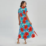 Blue Tropical Hibiscus Pattern Print Short Sleeve Maxi Dress