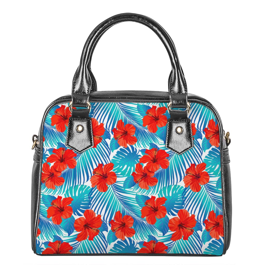 Blue Tropical Hibiscus Pattern Print Shoulder Handbag