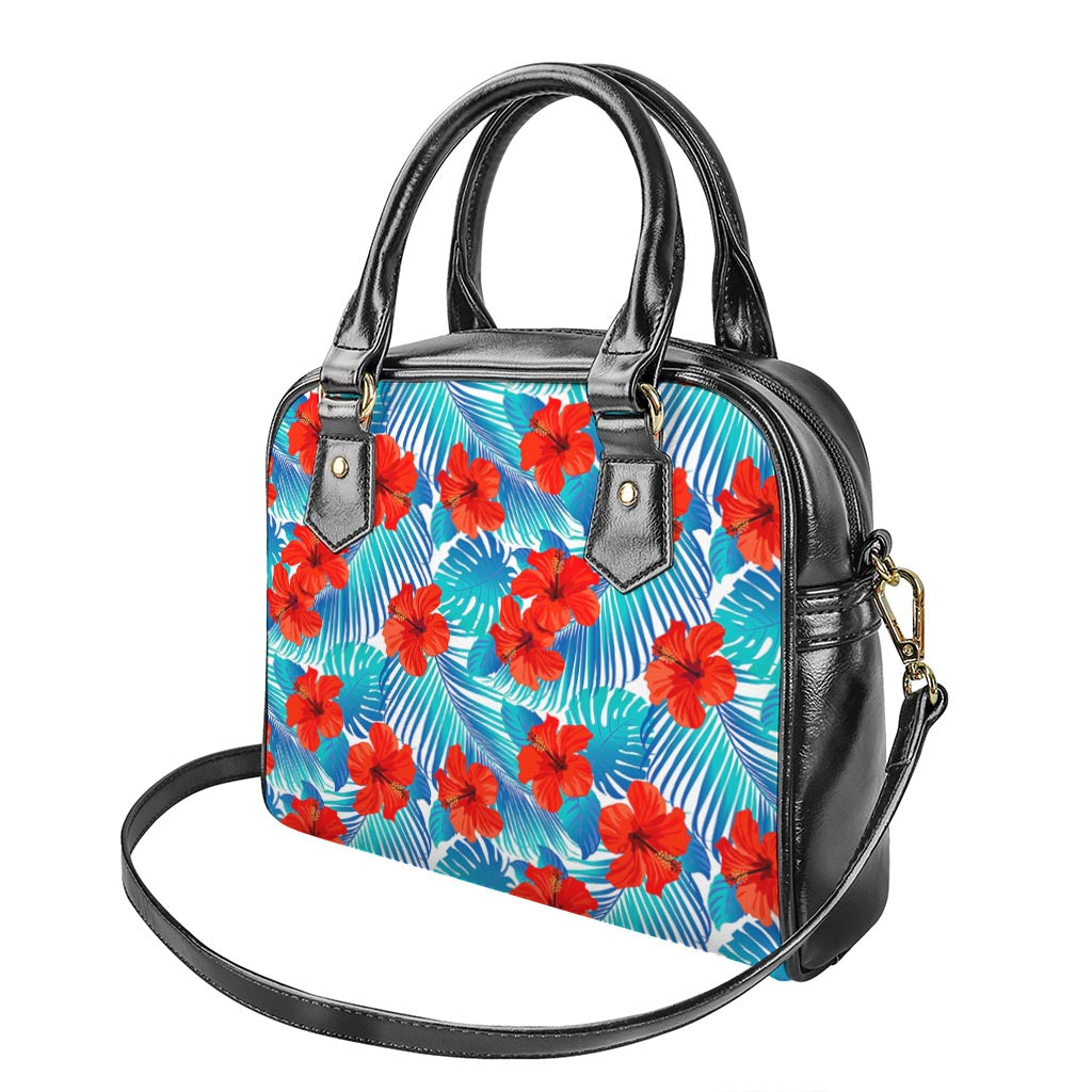 Blue Tropical Hibiscus Pattern Print Shoulder Handbag