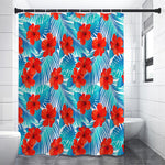 Blue Tropical Hibiscus Pattern Print Shower Curtain