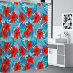 Blue Tropical Hibiscus Pattern Print Shower Curtain