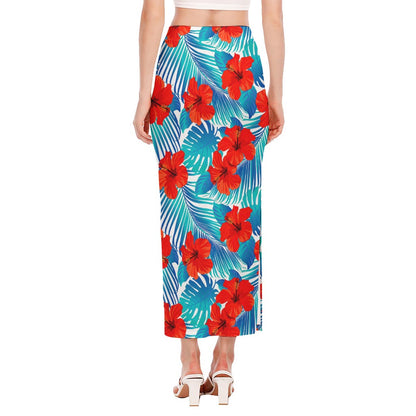 Blue Tropical Hibiscus Pattern Print Side Slit Maxi Skirt