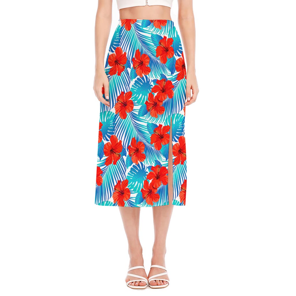 Blue Tropical Hibiscus Pattern Print Side Slit Midi Skirt