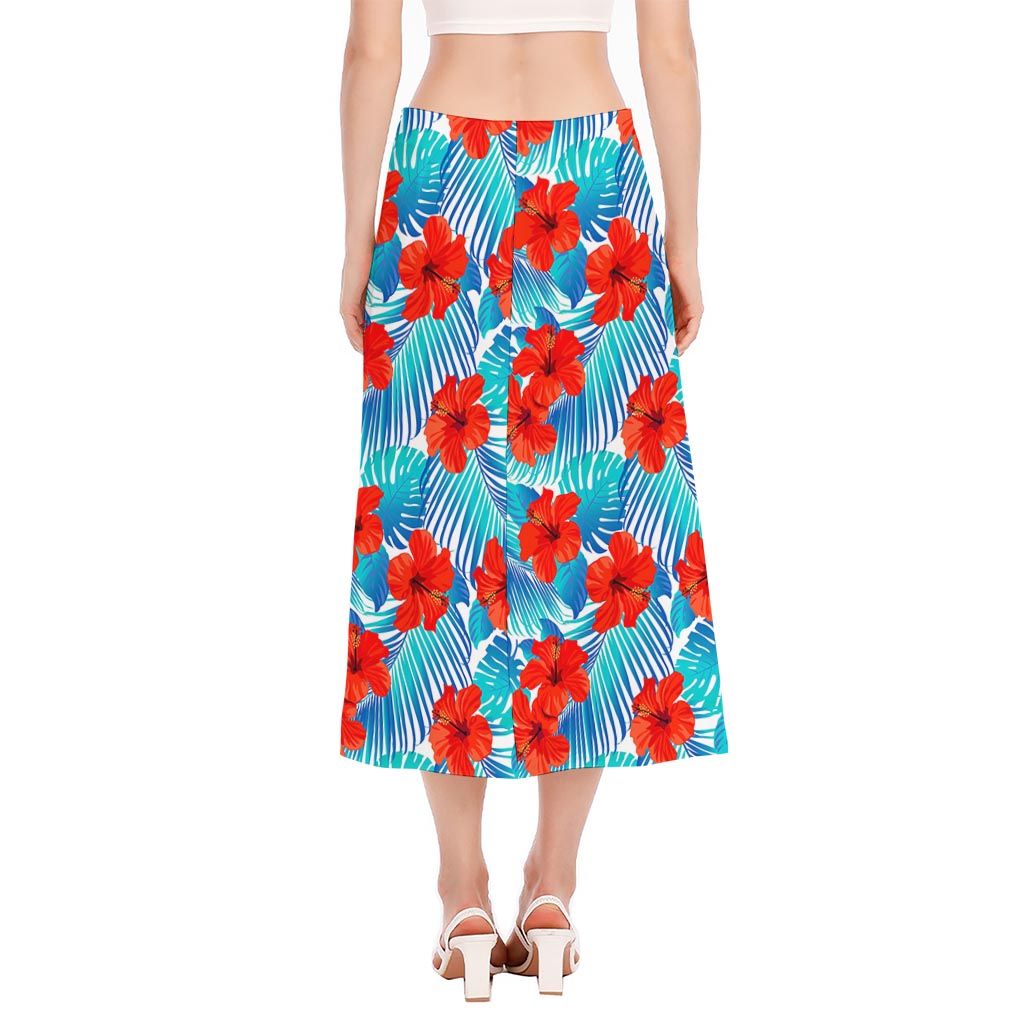 Blue Tropical Hibiscus Pattern Print Side Slit Midi Skirt