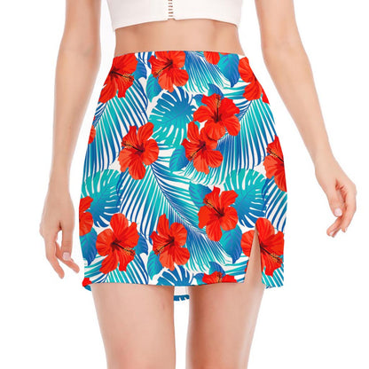Blue Tropical Hibiscus Pattern Print Side Slit Mini Skirt