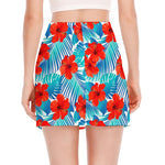 Blue Tropical Hibiscus Pattern Print Side Slit Mini Skirt
