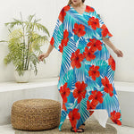Blue Tropical Hibiscus Pattern Print Silk V-Neck Kaftan Dress