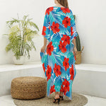 Blue Tropical Hibiscus Pattern Print Silk V-Neck Kaftan Dress