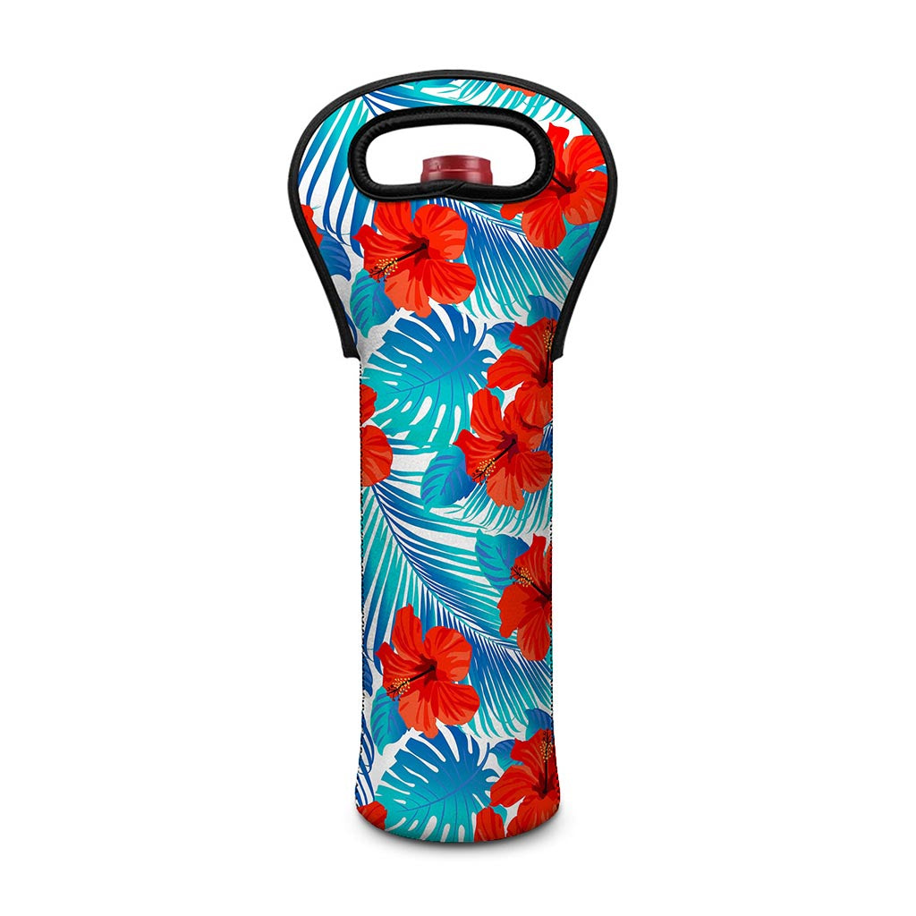 Blue Tropical Hibiscus Pattern Print Single Neoprene Wine Tote