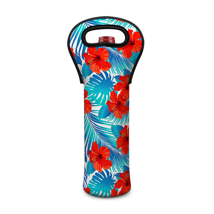 Blue Tropical Hibiscus Pattern Print Single Neoprene Wine Tote