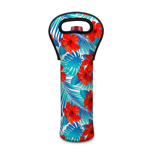 Blue Tropical Hibiscus Pattern Print Single Neoprene Wine Tote