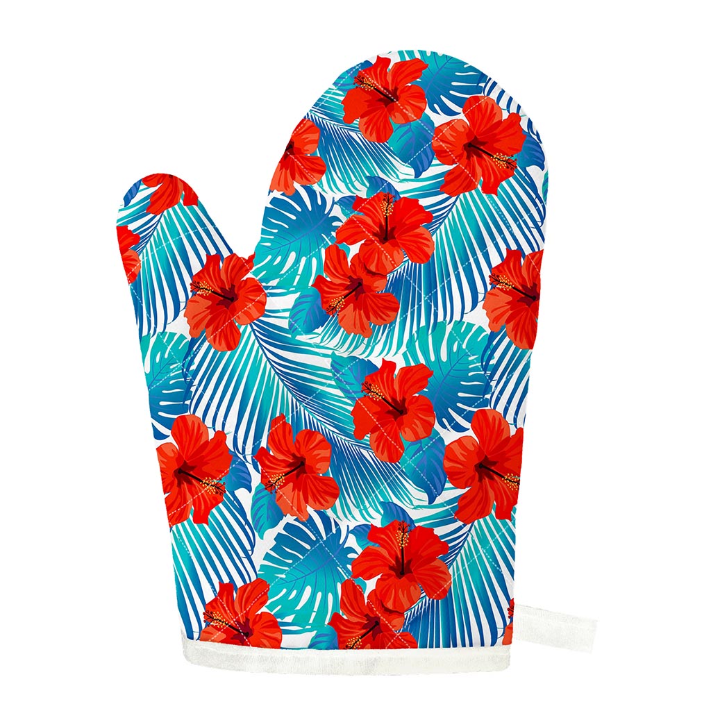 Blue Tropical Hibiscus Pattern Print Single Oven Mitt