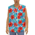 Blue Tropical Hibiscus Pattern Print Sleeveless Baseball Jersey