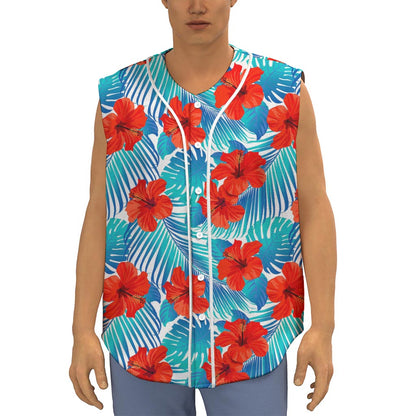 Blue Tropical Hibiscus Pattern Print Sleeveless Baseball Jersey