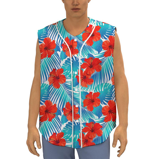 Blue Tropical Hibiscus Pattern Print Sleeveless Baseball Jersey