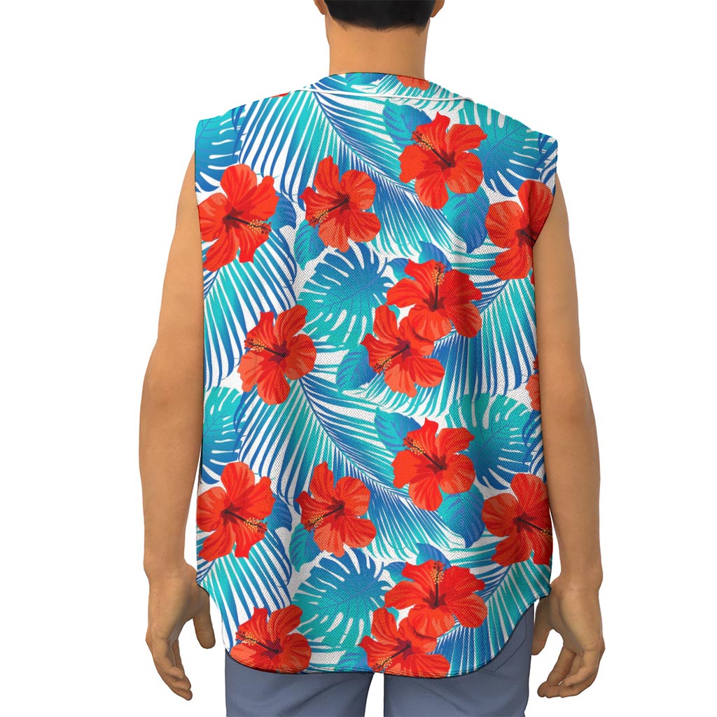 Blue Tropical Hibiscus Pattern Print Sleeveless Baseball Jersey