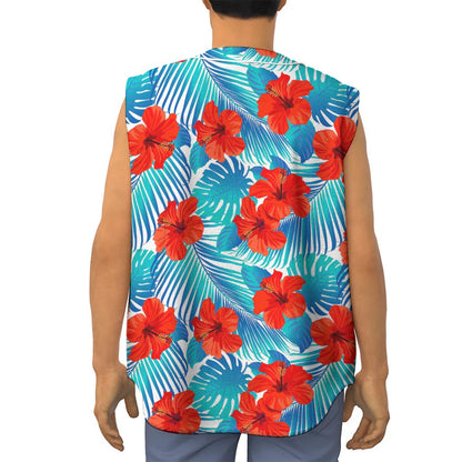 Blue Tropical Hibiscus Pattern Print Sleeveless Baseball Jersey