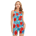 Blue Tropical Hibiscus Pattern Print Sleeveless One Piece Swimsuit