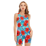 Blue Tropical Hibiscus Pattern Print Sleeveless One Piece Swimsuit