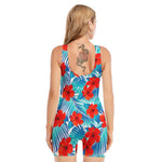 Blue Tropical Hibiscus Pattern Print Sleeveless One Piece Swimsuit