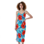 Blue Tropical Hibiscus Pattern Print Slim Fit Midi Cami Dress