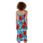Blue Tropical Hibiscus Pattern Print Slim Fit Midi Cami Dress