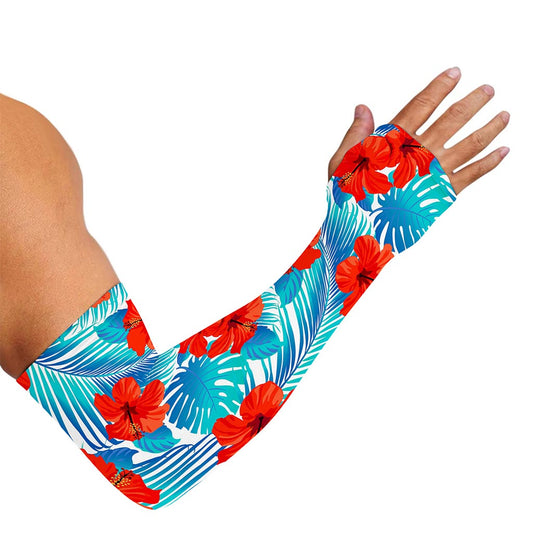 Blue Tropical Hibiscus Pattern Print Sun Protection Arm Sleeves