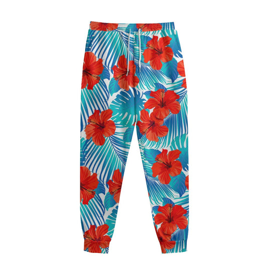 Blue Tropical Hibiscus Pattern Print Sweatpants