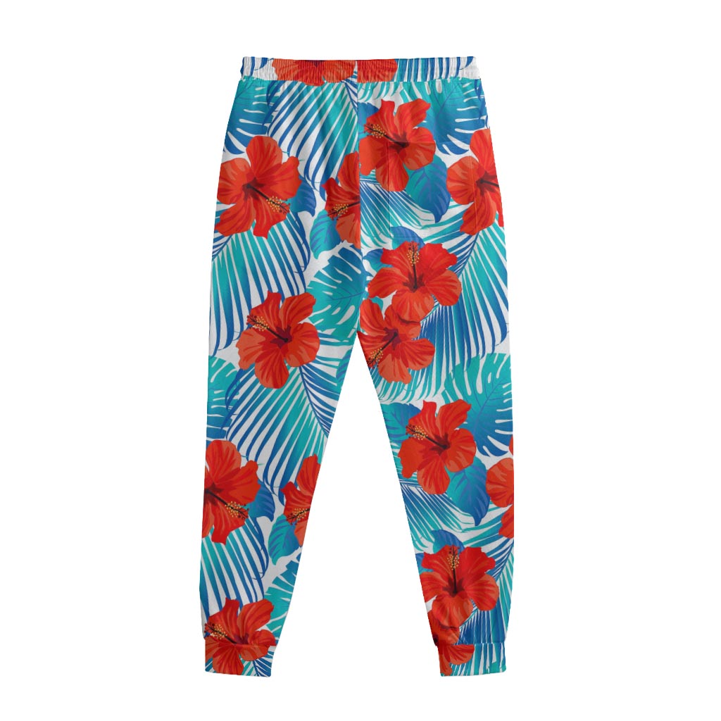 Blue Tropical Hibiscus Pattern Print Sweatpants