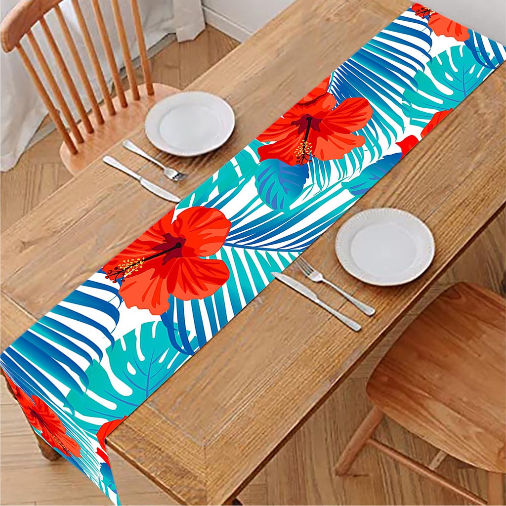 Blue Tropical Hibiscus Pattern Print Table Runner