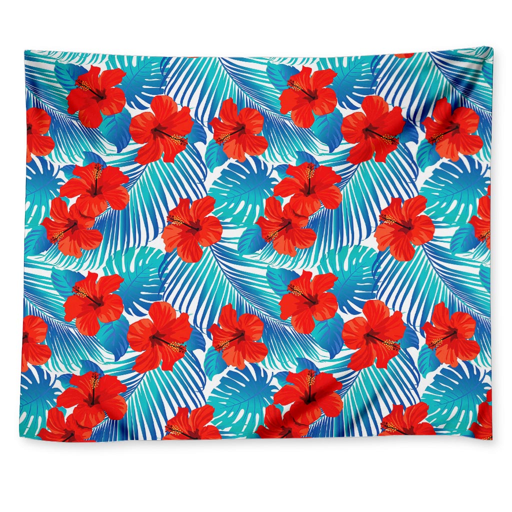 Blue Tropical Hibiscus Pattern Print Tapestry