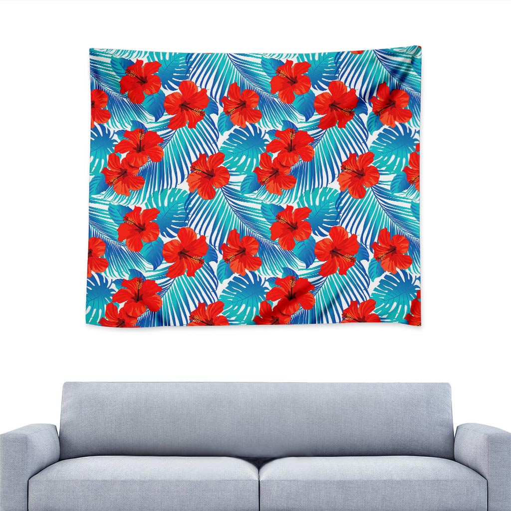 Blue Tropical Hibiscus Pattern Print Tapestry