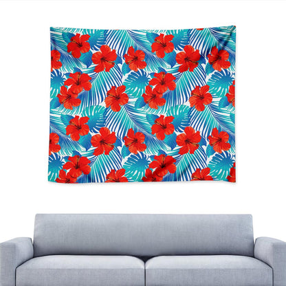 Blue Tropical Hibiscus Pattern Print Tapestry