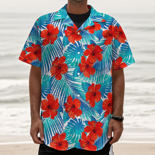 Blue Tropical Hibiscus Pattern Print Textured Short Sleeve Shirt