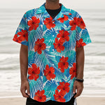 Blue Tropical Hibiscus Pattern Print Textured Short Sleeve Shirt
