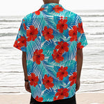Blue Tropical Hibiscus Pattern Print Textured Short Sleeve Shirt
