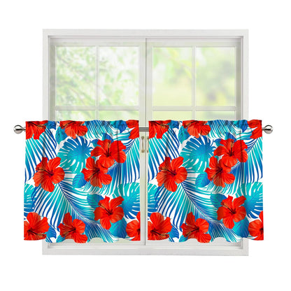 Blue Tropical Hibiscus Pattern Print Tier Curtains
