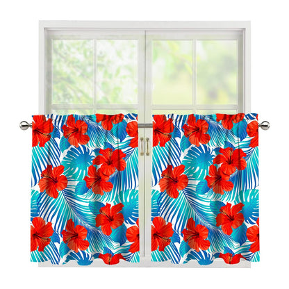 Blue Tropical Hibiscus Pattern Print Tier Curtains