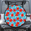 Blue Tropical Hibiscus Pattern Print Tire Cover