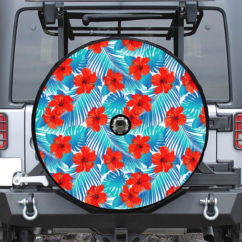 Blue Tropical Hibiscus Pattern Print Tire Cover With Camera Hole