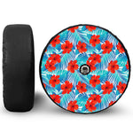 Blue Tropical Hibiscus Pattern Print Tire Cover With Camera Hole