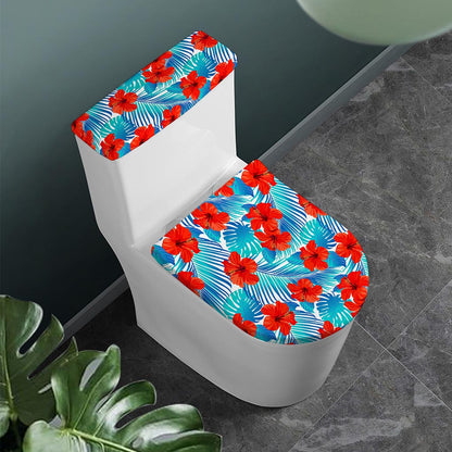 Blue Tropical Hibiscus Pattern Print Toilet Lid And Tank Cover Set