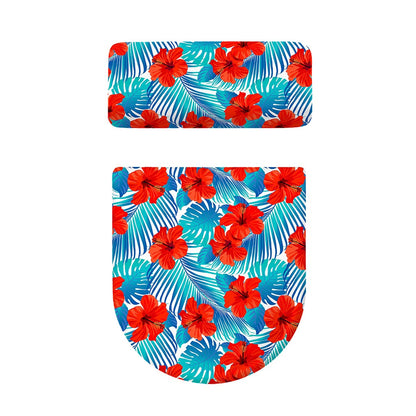 Blue Tropical Hibiscus Pattern Print Toilet Lid And Tank Cover Set