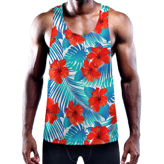 Blue Tropical Hibiscus Pattern Print Training Tank Top