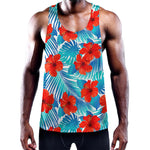 Blue Tropical Hibiscus Pattern Print Training Tank Top