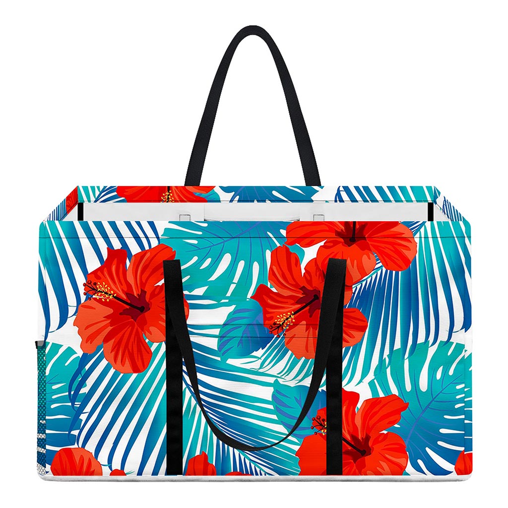Blue Tropical Hibiscus Pattern Print Utility Tote Bag