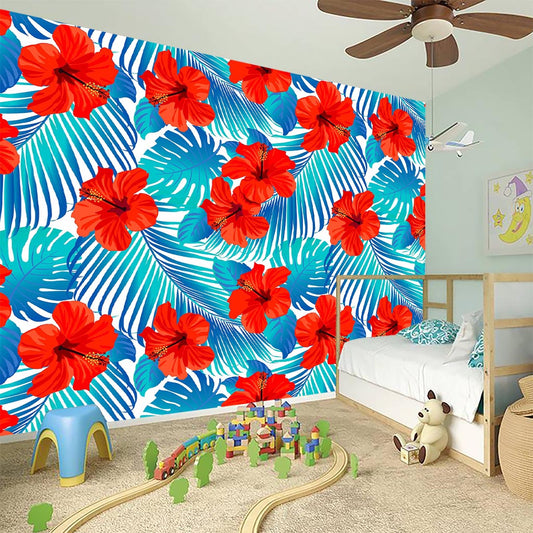 Blue Tropical Hibiscus Pattern Print Wall Sticker